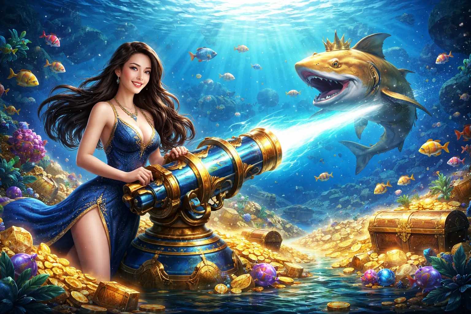 Hình ảnh chính game Bắn Cá 888b với đại dương xanh thẳm và kho báu